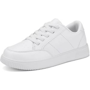 DSWED Unisex-Child Leather Lightweight Breathable Knit Athletic Running Sneakers for Kids Shoes for Boys Girls (2 Little Kid, No Buckle-white)