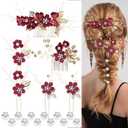 Cinaci 18 Pieces Bridal Wedding Party Prom Pearl Rhinestone Burgundy Flower Hair Side Combs Slides+U-shaped Flower Hair Pins+Twist Spiral Hairpins Floral Headpieces for Brides Bridesmaids Women Girls