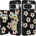 Petitian for Google Pixel 8 Case with Wallet - Women Girls Cute Girly Aesthetic Unique Design Leather Credit Card Holder Cardholder Stand Wristband for Pixel 8, Black Flower