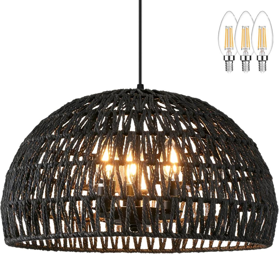17.6” Black Woven Pendant Lights Boho Chandelier Light Fixture 3-Light Wicker Pendant Lights Rattan Light Pendant Dome Pendant Wicker Light Fixture for Dining Room Bedroom(Bulb Incl.)