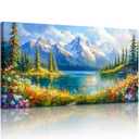 crmotu Lake Landscape Wall Art, Snow Mountain Forest Extra Large Artwork, Nature Yosemite Sunny Paintings, Wildflower Pictures Wall Decor Living Room Bedroom Dining Room Canvas Prints 29x57 Inch