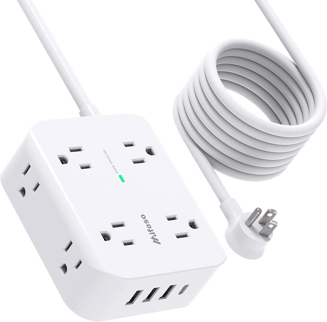 Surge Protector Power Strip 10ft Cord - Flat Plug, Wall Mount, 8 Wide Outlets with 4 USB Ports (1 USB C), Heavy Duty Extension Cord, Charging Station Overload Protection for Home, Office and Dorm (White)