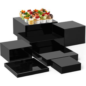 Leinuosen 7 Pcs Buffet Risers Set Acrylic Display Box 6" 7" 8" 9" 10" 11" 12" Food Risers for Buffet Table 5 Sided Display Cube Box with Hollow Bottom Nesting Acrylic Stand for Wedding Party(Black)
