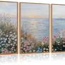 CHDITB Coastal Wildflower Framed Wall Art, Minimalist Beach Wall Decor, Nature Seaside Flower Painting, Modern Neutral Botanical Artwork Floral Ocean Art Prints For Living Room Bedroom Decor 12X16X3