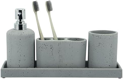 ZCCZ - Light stone Gray Bathroom accessories set 4 Pcs - Toothbrush Holder, Soap Dispenser, Vanity Tray, Bathroom Tumbler - Countertop Vanity Organizer - Bathroom accessory set - Toothbrush Holder Set