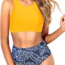 Tempt Me Women Two Piece High Waisted Bikini Set Sporty Swimsuits Bathing Suit with Bottom for Teen Girls (X-Large, Yellow and Blue Leaves)