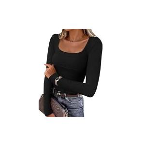 ZESICA Women's Long Sleeve Shirts 2026 Spring Fashion Square Neck Slim Fit Basic Going Out Tops Trendy Outfits (Black, M)