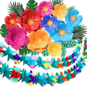Affrolling 44 Pcs Tropical Hawaiian Party Decorations Paper Flowers 20ft, 10 feet