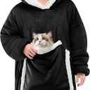 JOYWOO Black Wearable Blanket Hoodie,Oversized Cat Lovers Sweatshirt Blanket for Adult,Birthday Gifts for Men,Father,Boy,Cozy Fuzzy Sherpa Hooded Blanket with Giant Pocket and Winter Gifts,Standard