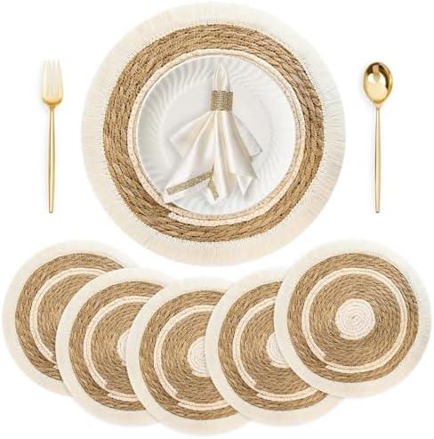 MASHDE Bohemian Woven Place Mats Set of 6, Heavy Duty Gourd Grass with Stitched Edges for Wedding Christmas Dining Table Decor, 11.6'' Round Heat Resistant​