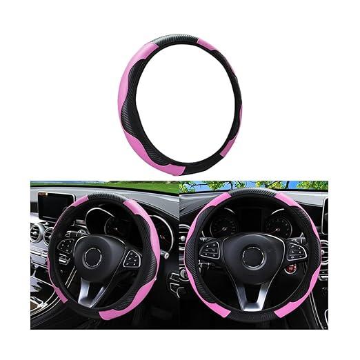 Car Steering Wheel Cover, Universal Microfiber PU Leather Elastic 15 inch Stitching Color Anti-Slip Steering Wheel Protector, Car Interior Accessories for Men Women (Black/Pink)