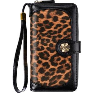 Wallets for Women Multi Card Holder Wallet Clutch Wallet Card Holder Organizer Ladies Purse with Wrist strap Purse (Black Leopard)
