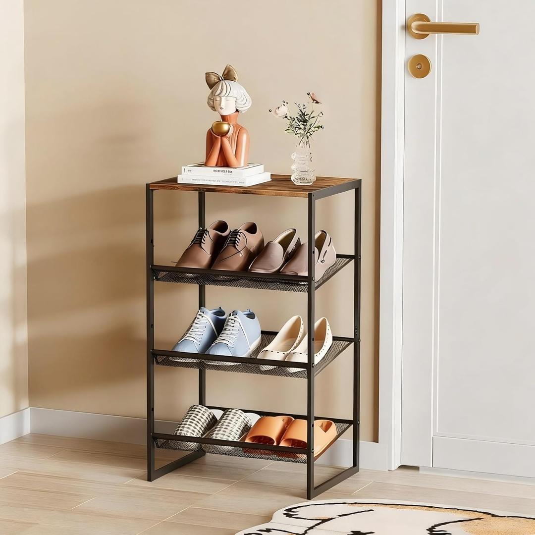 Garden 4 you Shoe Rack for Closet Narrow 4 Tiers, Small Shoe Rack with Brown Wooden Tabletop, Adjustable Metal Shoe Shelf for Closet Entryway Hallway Living Room