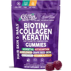 Biotin Gummies for Hair Growth, Hair Vitamins for Women with Collagen Keratin Zinc Saw Palmetto Horsetail Astaxanthin Pumpkin Seed MSM Grape Seed Iron Vitamins A D E, GrowVana by Clean Nutra 90 Count