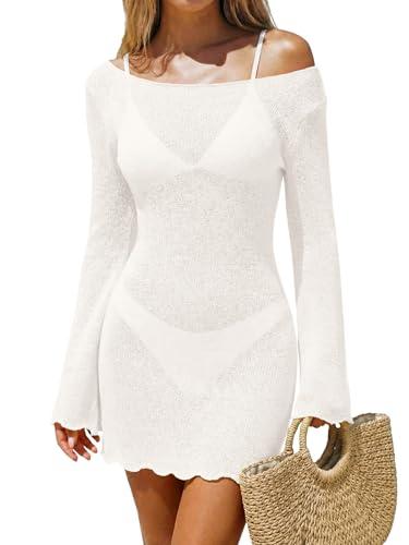 Saodimallsu Womens Swimsuit Cover Up Long Sleeve Sheer Mesh Knit Mini Dress Backless Tie Summer Beach Vacation Outfits White Size Small
