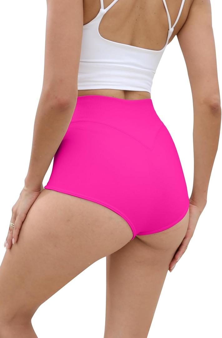 Women High Waist Yoga Booty Shorts V Back Workout Spandex Seamless Dance Hot Pants Butt Lifting Shorts Rave Outfits (Pink, L)