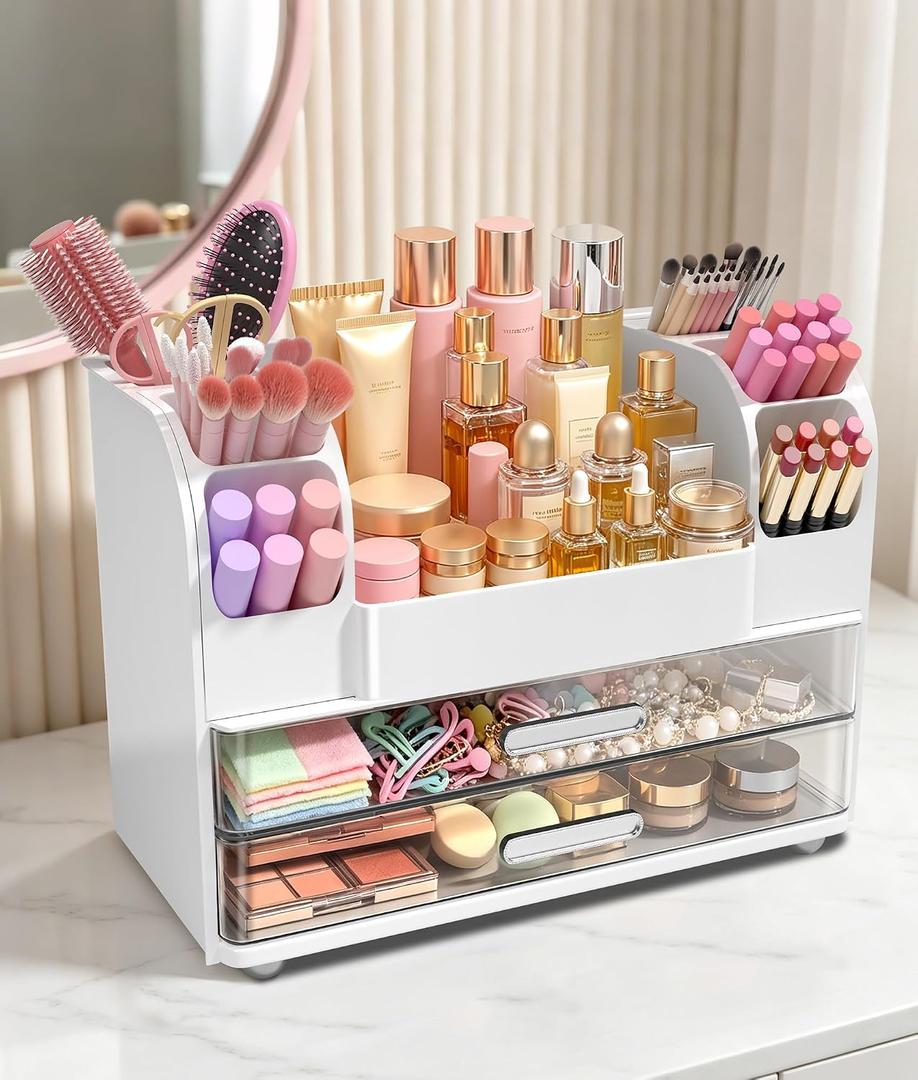 Hanyi Makeup Organizer for Vanity,Countertop Cosmetic Organizer with 2 Clear Drawers & 6 Brush Holders,Large ABS Makeup Storage for Skincare,Lipsticks,Perfume,Nail Polish & Beauty Essentials,White