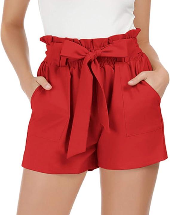 GRACE KARIN Women Summer Casual Shorts with Pockets Bowknot Tie Waist S Red