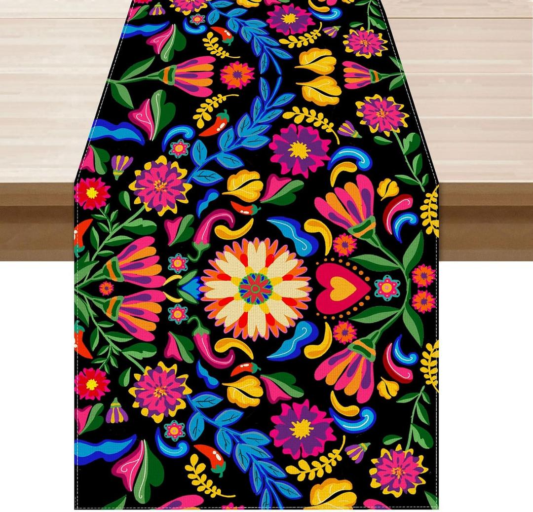 XCHI Colorful Flowers Peppers Dia De Los Muertos Table Runner Cinco De Mayo Day of The Dead Table Decoration for Home Kitchen Dining Holiday Fiesta Themed Party Decor 13x108 Inch