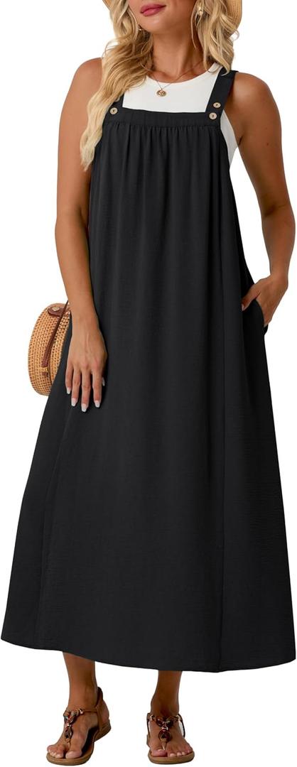 Lepunuo Summer Dresses for Women 2026 Casual Boho Overall Dress Adjustable Cover up with Pockets (Black, XXL)