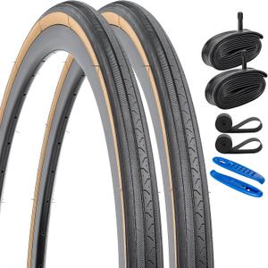 YUNSCM 2-PCS 27 inch Bike Tires 27x1 1/4 (32-630) Compatible with 27x1 1/4 27x1 1-4 Road Bike Bicycle Tires ((Brown)-2 Bike Tires+2 Tubes+2 Rim Strips)