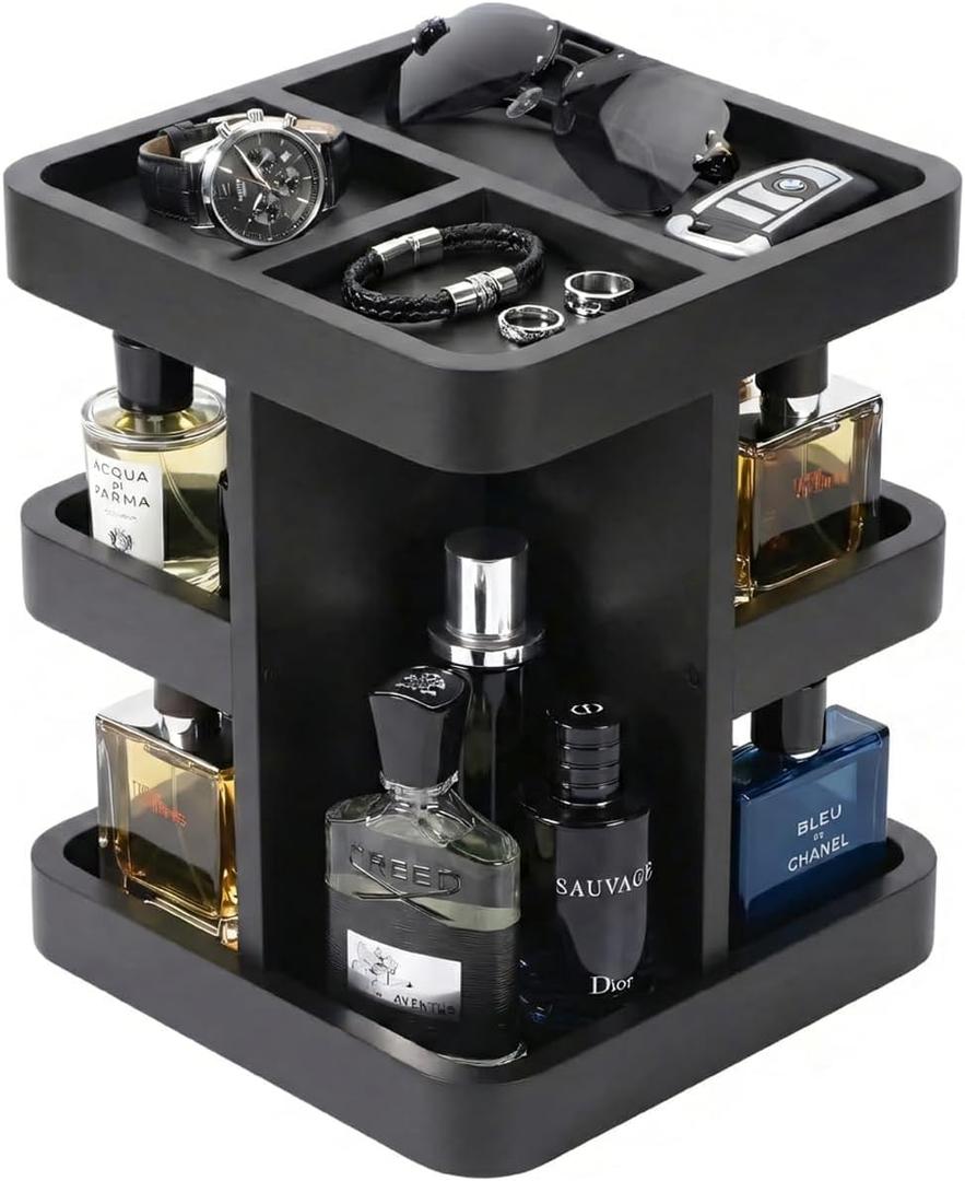 Cologne Organizer for Men, Wooden Perfume Stand, 3 Tier Perfume Shelf with Rotate, Bathroom Organizer, Husband Boyfriend Birthday Gift Ideas, Valentine's Day Gifts for Men, Black