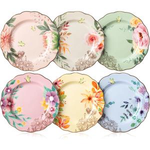 BTaT- Porcelain Floral Plates, 8 inch, Set of 6, Royal Dessert Plates, Appetizer Plates, Floral Plates, Salad Plates, Small Plates, Small Plates Set, Small Dishes, Dinnerware, Mothers Day Gift