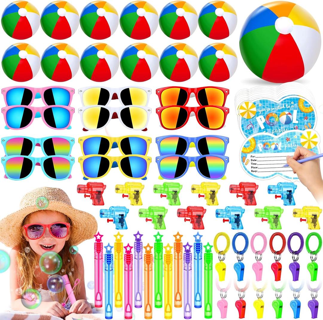 72Pcs Pool Party Favors Summer Supplies for Kids - Beach Ball Sunglasses Whistle Bubble Wands Invitation Cards and More, Boys Girls Ages 4-8 8-12 Summer Beach Birthday Favors Pool Party Supplies