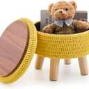 Wimarsbon Pouf Ottoman, 100% Cotton Knitted Boho Footstool, Round Footrest with Non-Skid Wood Legs, Home Dcor Handmade Pouffe, Leisure Floor Step Stool for Living Room (Storage Yellow)