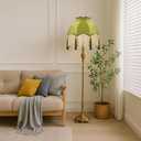VIHOSE Victorian Scallop Lamp Shade Vintage Large 7.5" Top x 15.8" Bottom x 15 "High Replacement Lamp Shade with Tassels and Fringe Finial Fitting Bell Shape Scallop Fringe(Olive Green)