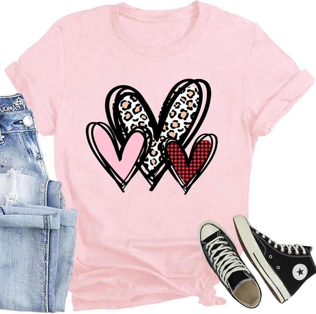 Valentines Day Shirt for Women Love Heart Printed T-Shirts Casual Summer Tee Tops (Pink, L)