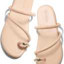 Coutgo Womens Strappy Flat Sandals Square Open Toe Flip Flops Slides Toe Ring Summer Dress Shoes (Beige, 6 1/2)