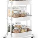 EAGMAK 3 Tier Rolling Cart, Round Metal Utility Cart with Lockable Wheels, Storage Cart Organizer Trolley with Mesh Shelves for Living Room, Kitchen, Bedroom, Office (White)