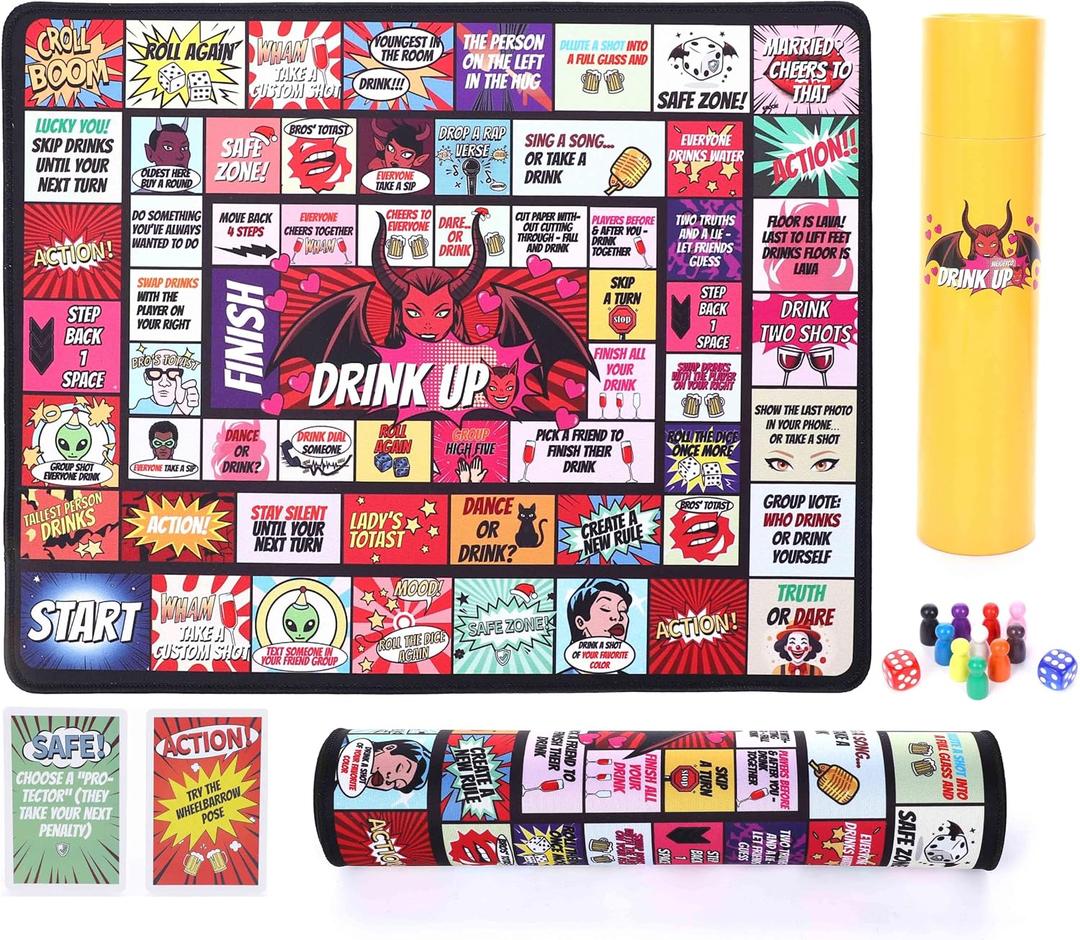 Drinking Board Game for Adults, Couples Drinking Game, Outdoor Rubber Mat Party Game with 40 Truth or Dare Cards, Bachelorette & Girls Night Game