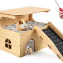 Wooden Guinea Pig Castle Hideout,Enlarged Guinea Pig Castle,Wooden Hamster House with Stairs & Mat,Long-Lasting Small Pet Bed for Piggies Chinchilla Rat Hamster Bunny