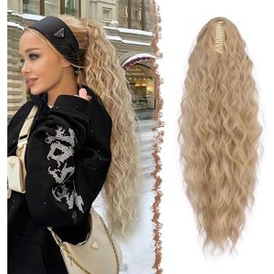FESHFEN Claw Clip Ponytail Extensions, Long Pony Tail Hair Piece Wavy Curly Synthetic Hairpieces for Women, Blonde & Ash Blonde Mixed 26 inch