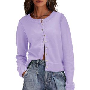 Saodimallsu Womens Button Down Cardigan Sweaters Lightweight Long Sleeve Crew Neck Summer Knit Open Front Tops (Large, Purple)
