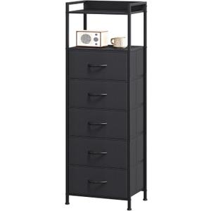 Somdot Tall Night Stand for Bedroom,Tall 5 Drawers Dresser, Vertical Storage Tower Unit, Nightstand Furniture with Fabric Drawer Organizer in Bedside Kids Dorm Room Closet Laundry Entryway,Black