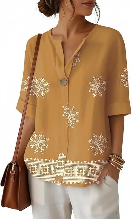 ETCYY NEW Summer Shirts for Women Button V Neck Blouses 2026 Short Sleeves Dressy Casual Tunic Tops (Beige, L)
