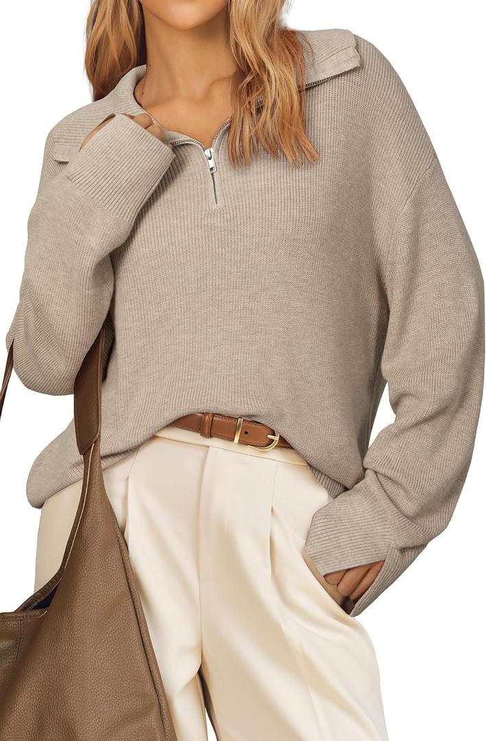 Arach&Cloz Women's Wool Blend Quarter Zip Pullover Sweater Trendy Winter Soft Casual Lapel Oversized Fit Top (L)