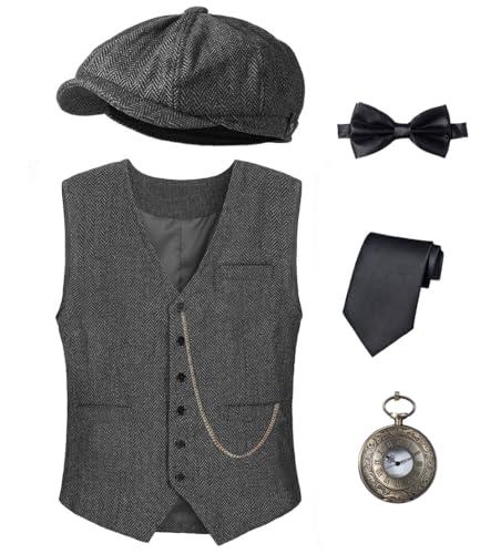 Kids 1920s Costume for Boys Vest Hat Accessories Set Party Cosplay 10-11 Years Dark Grey