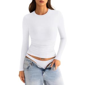 Womens Double Lined Long Sleeve Shirts Crewneck Ruched Top Tight Fitted Basic Tee Fall Spring Shirts 2025 (Small)