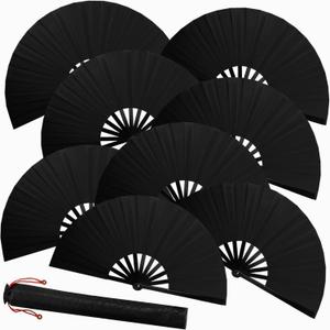 8 PCS Large Folding Fans Set for Line Dance & Popping, Boots on The Ground Hand Fans with Fan Sleeves, Chinese Kung Fu Fan for Line Dancing for Men Women - Black