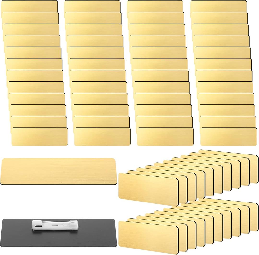 Geosar 50 Pcs Name Tag Badge Blanks Brushed Round Corners Pin DIY Blank ID Name Badge for Office Workers Students(1 x 3 Inches,Gold)