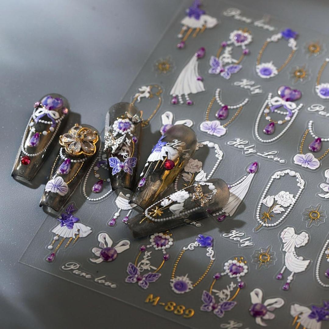 Purple Bow Nail Art Stickers 5D Embossed Nail Stickers for Nail Art Self Adhesive Flowers Butterfly Nail Decals Luxury Design DIY Nail Supplies for Women Girls