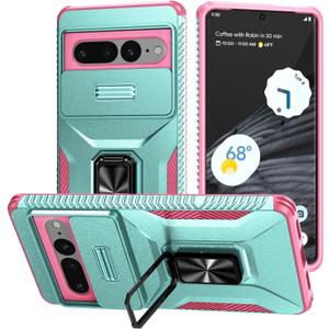 For Pixel 7 Pro Case,with Sliding Camera Lens Cover,HD Screen Protector, 360 Rotating Ring Kickstand, AYMECL Military-Grade Shockproof Protective Cover for Google Pixel 7 Pro, Mint, Pink