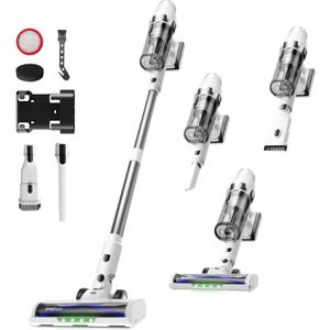 ElecKeys Cordless Vacuum Cleaner, 580W 48KPA 65Mins Vacuum Cleaners for Home, Self-Standing Anti-Tangle Vacuum with LED Display, Rechargeable, Lightweight, Cordless Vacuum for Floors/Pet Hair/Carpets (White)