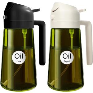 YARRAMATE 16oz/470ml 2PCS Light Blockage Dark Oil Sprayer for Cooking, 2 in 1 Olive Oil Dispenser Bottle for Kitchen, Green Glass Oil Bottle, Food-Grade Oil Mister for Air Fryer, BBQ (Black & White)