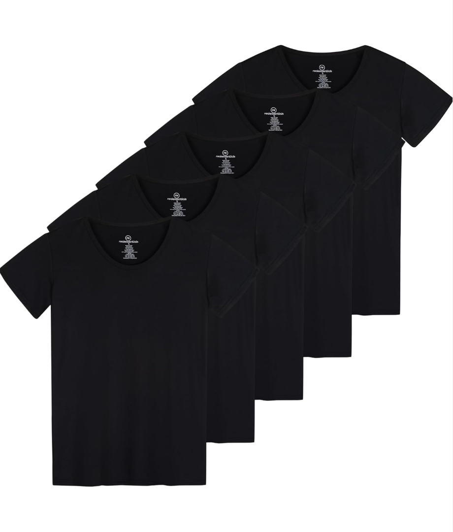 Real Essentials 5 Pack: Women's Dry Fit Tech Stretch Short-Sleeve Crew Neck Athletic T-Shirt,  Medium 