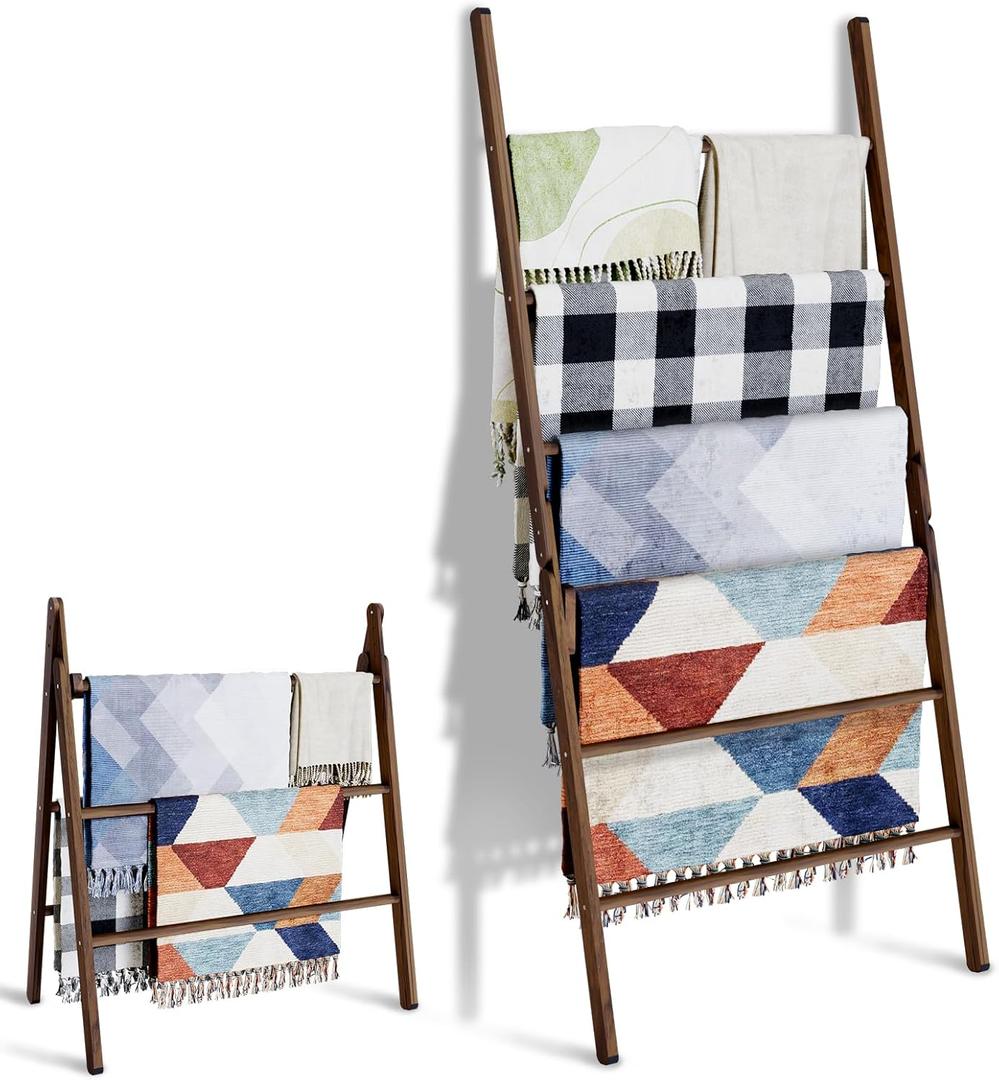 6-Tier Wide Double Blanket Ladder Wood, Rustic Decorative Towel Rack for Big Blanket, Towel, Quilt, Clothes, Freestanding Blanket Holder Towel Ladder Decor Stand for Living Room, Bedroom, Brown